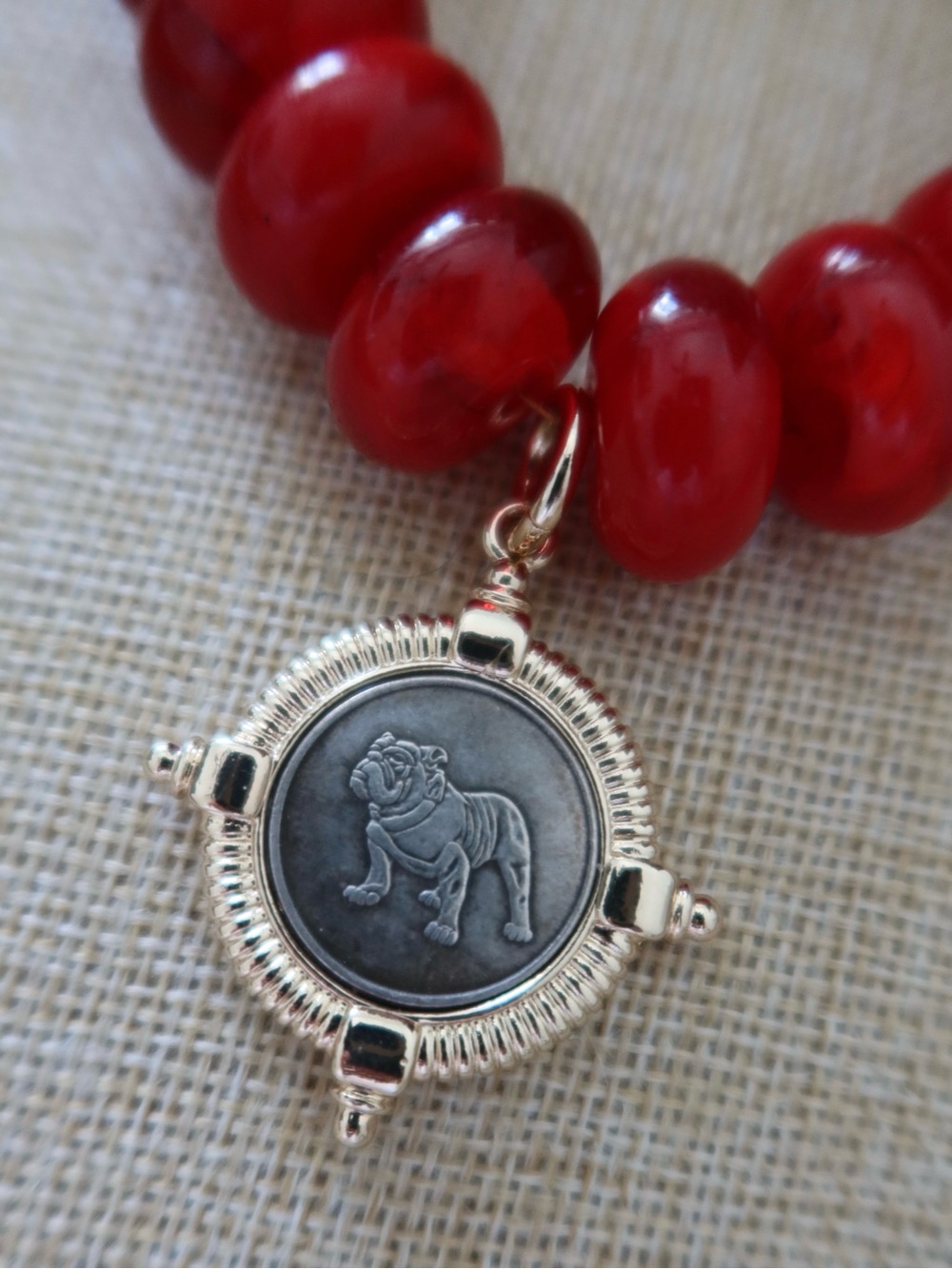 Red Beaded Necklace with Bulldog Medallion, Bulldog coin necklace, Game Day